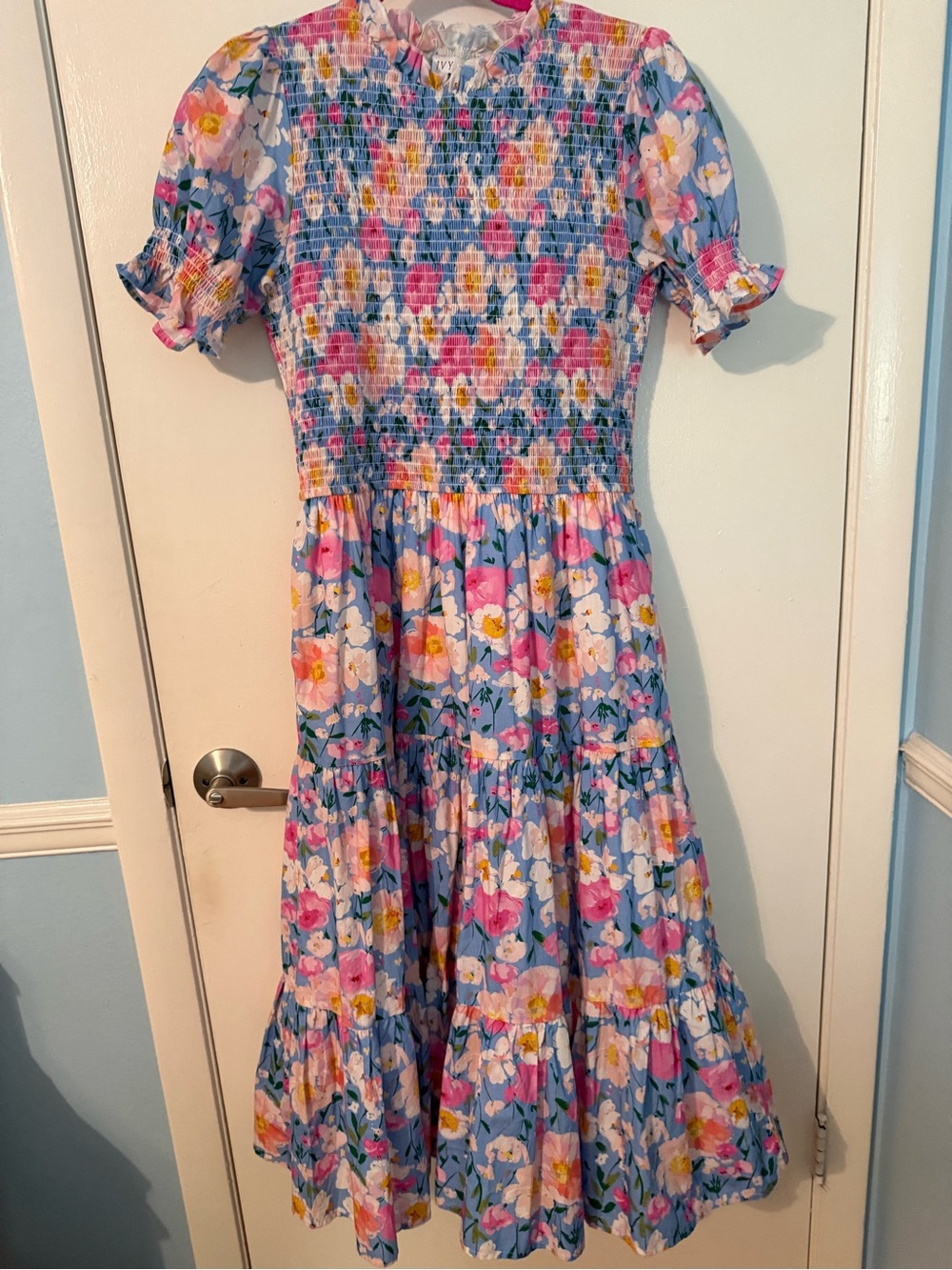Ivy City Co Blue Floral Maxi Dress with Pink & Yellow Blooms